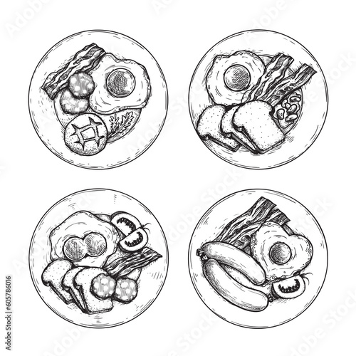 Traditional breakfast dishes set. Hand drawn sketch style. best for menu designs. Vector illustrations collection.