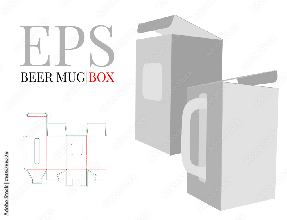Mug box, die cut template. Beer mug box with mug inside, vector. White