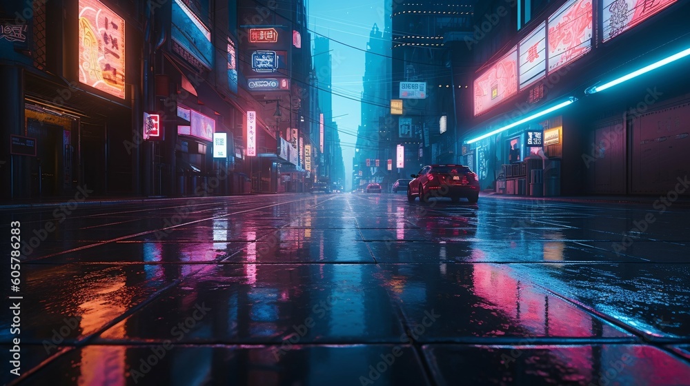 A futuristic cityscape with vibrant neon lights reflecting on wet pavement.  Blue hour employing a sleek and modern photographic style, reminiscent of cyberpunk aesthetics. Generative Ai