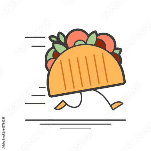 Logo in color fast delivery for food with running legged shawarma pita bread. Fast food food. Vector illustration. Flat design style.