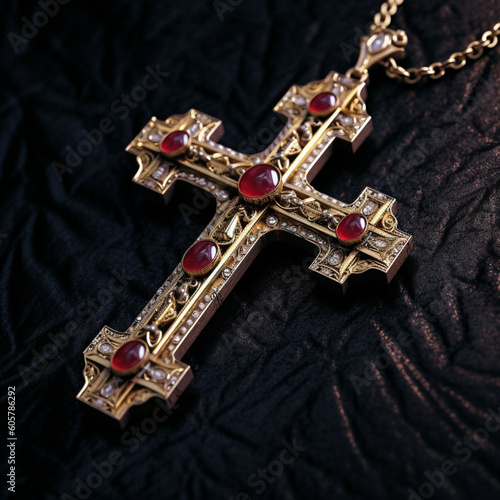 A crucifix in the style of the Lord of the Rings of the Middle Earths in solid gold with silver details, studded with diamonds, and in its middle a blood-red ruby. Generated by AI and created by Human