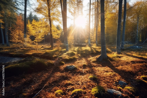 Autumn nature landscape of colorful forest in morning sunlight. Ai generative