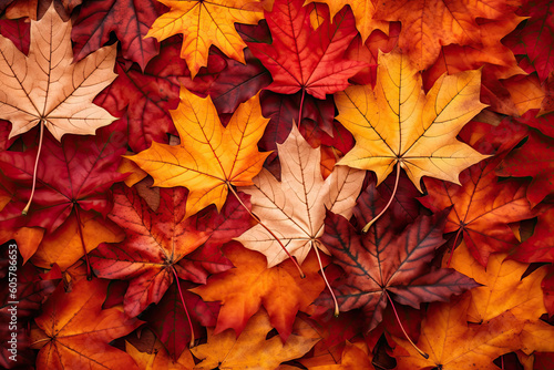background of autumn leaves of various colors  red and orange. Ai generative