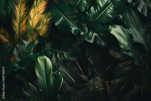 Luxury tropical foliage wallpaper with copy space. Great for books, banners, invitations, and paintings. Generative AI