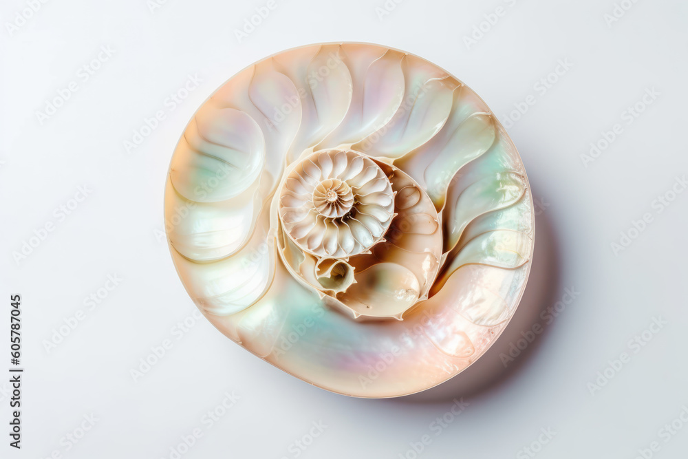 Obraz premium Beautiful shiny pearly nautilus shell (nautilus pompilius), isolated seaside design element with mother-of-pearl surface for your ocean, summer or wedding flatlays