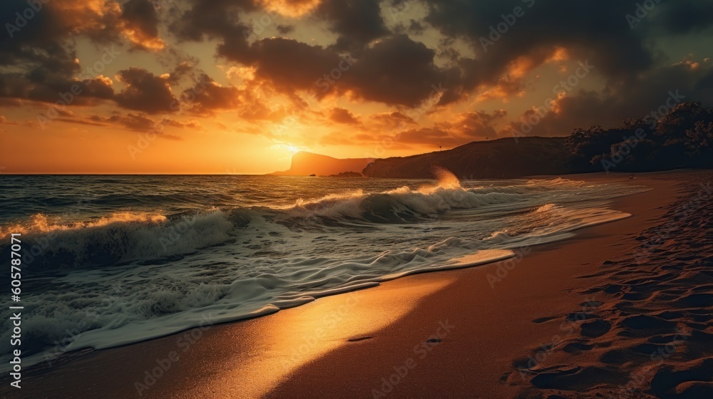 Beautiful sunset over a beach. Nature photography. AI generated