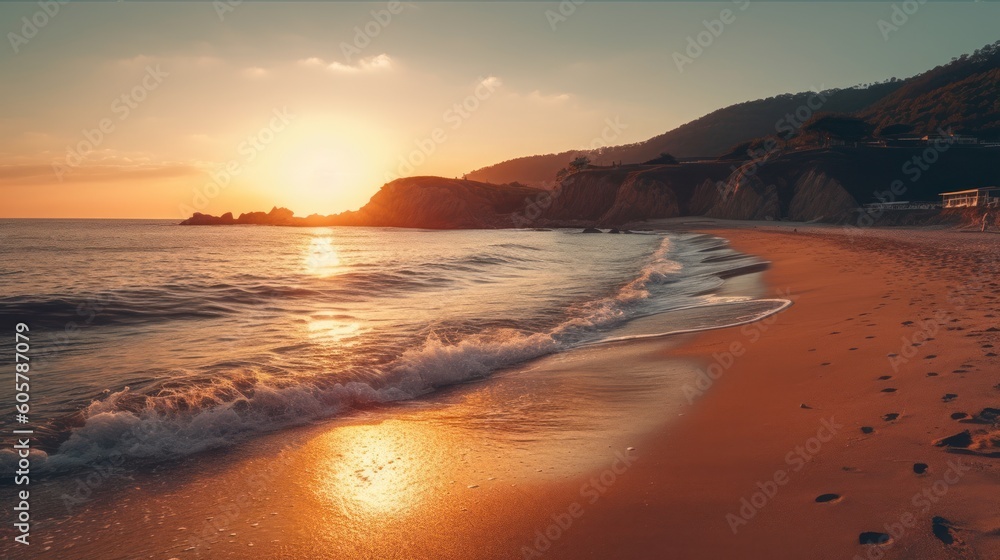 Beautiful sunset over a beach. Nature photography. AI generated