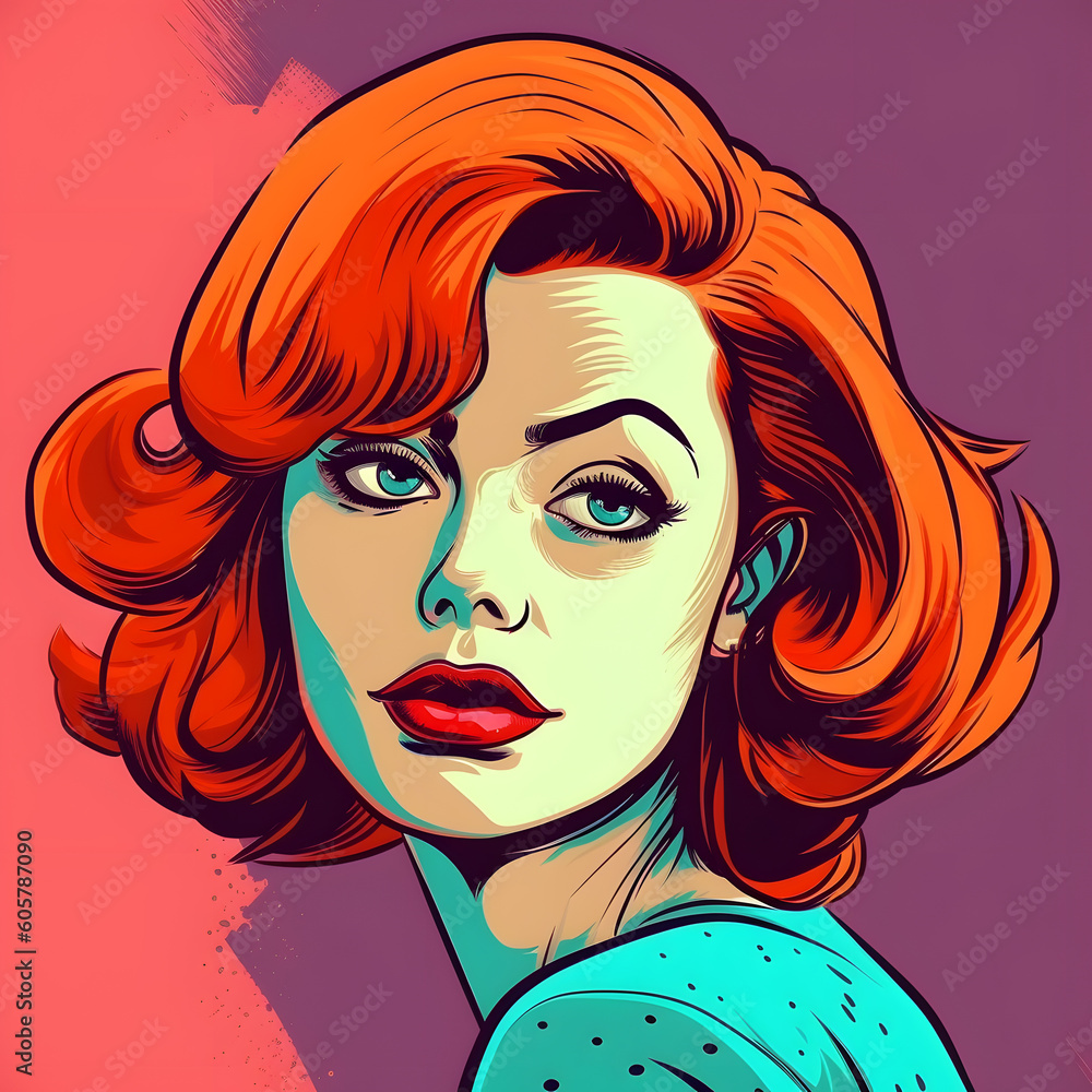 Fashion redhead woman face in bright colors retro pop art style painting image poster illustration. Generative Ai