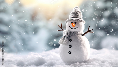 Christmas card with a happy snowman on a blurry forest background. Snow winter background. Christmas card and holiday mood.Generative AI
