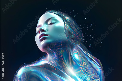 Futuristic female liquid chrome glossy glass iridescent material head with water drops y2k style illustration. Generative Ai