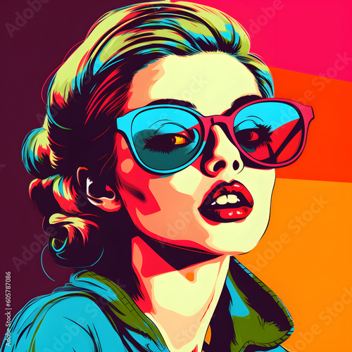 Portrait of fashionable blonde woman in bright colors retro pop art style painting poster illustration. Generative Ai