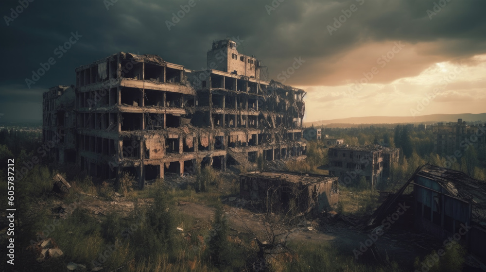 a city destroyed after the war. apocalypse concept. Generative AI