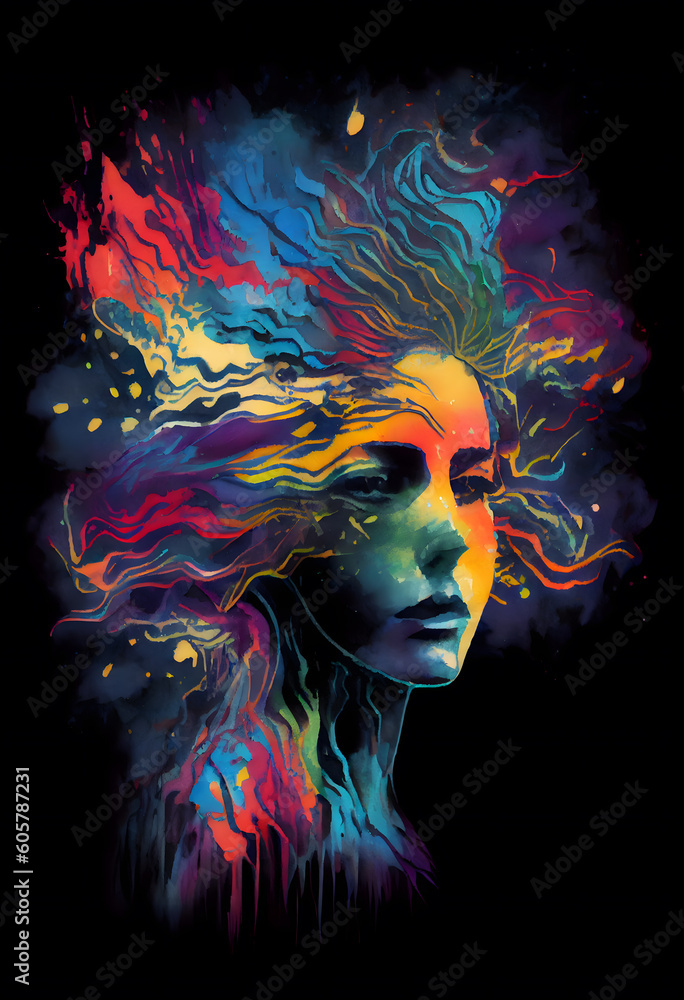 Abstract surreal psychedelic beautiful woman portrait. Colorful bright creative watercolor illustration. Generative Ai
