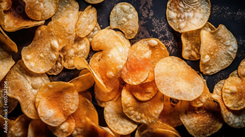 tasty golden potato chips isolated on dark background. Generative AI