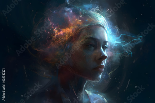 Huge female head with computer code swirling fog floating in deep dark space digital painting illustration. 