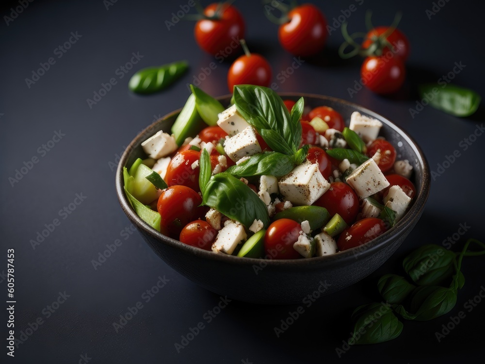 Freshly Made Greek Salad with tomatoes cucumbers, feta on black background. ai generative