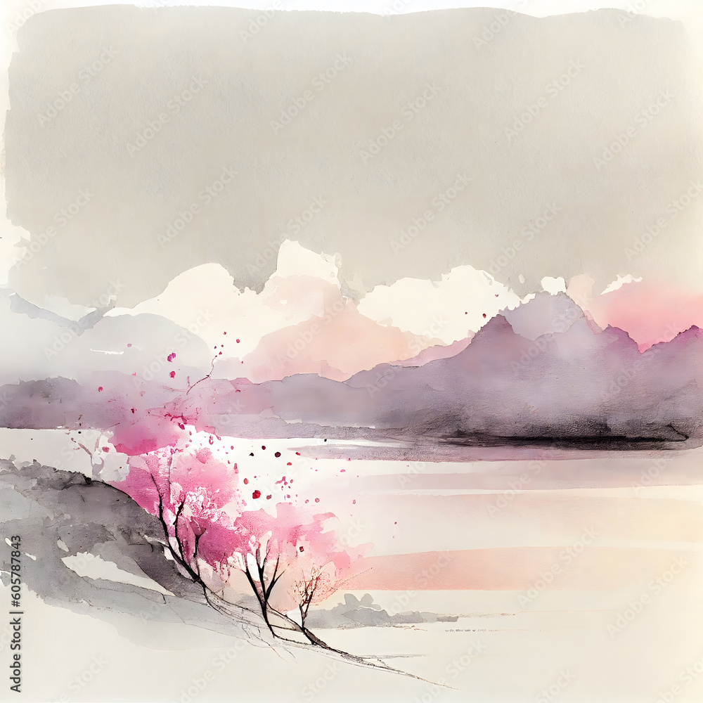 Watercolor Asian traditional painting minimalist landscape art pink