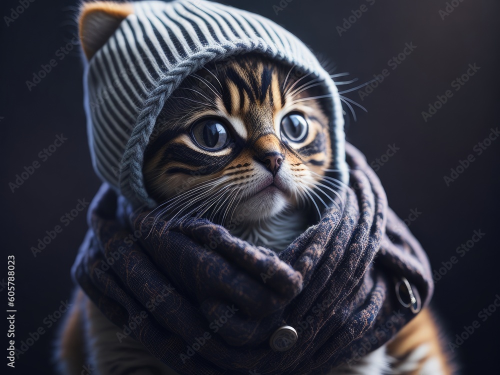 Cute kitten wearing a scarf and warm hat on black background. ai generative Cute kitten wearing a scarf and warm hat on black background. ai generative