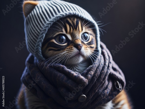 Cute kitten wearing a scarf and warm hat on black background. ai generative