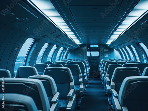 empty modern aircraft with blue flight seating. ai generative