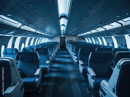 empty modern aircraft with blue flight seating. ai generative