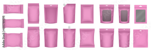 Set of realistic pouch mockups. Pink flow pack, sachet, zip bag and doypack. Ice cream wrapper. Sheet mask sachet. Soap or wet wipes packaging.