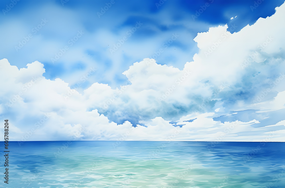 Summer sea blue sky with clouds beach island trees watercolor art painting background illustration. Generative Ai