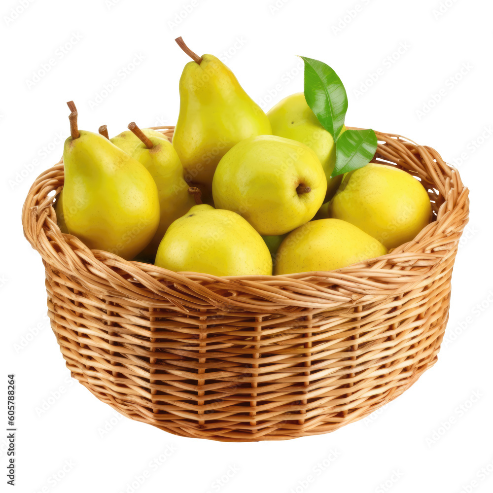 Illustration of wicker basket full of ripe tasty pears isolated on transparent background. PNG clip art element. Generated with AI.