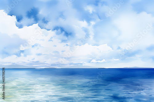 Endless blue sea horizon with sky clouds natural seaside landscape watercolor painting background illustration. Generative Ai © provectors