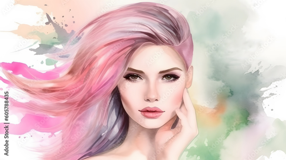 Gentle beauty blonde female face soft pink watercolor paint splash illustration cosmetic advertising. Generative Ai