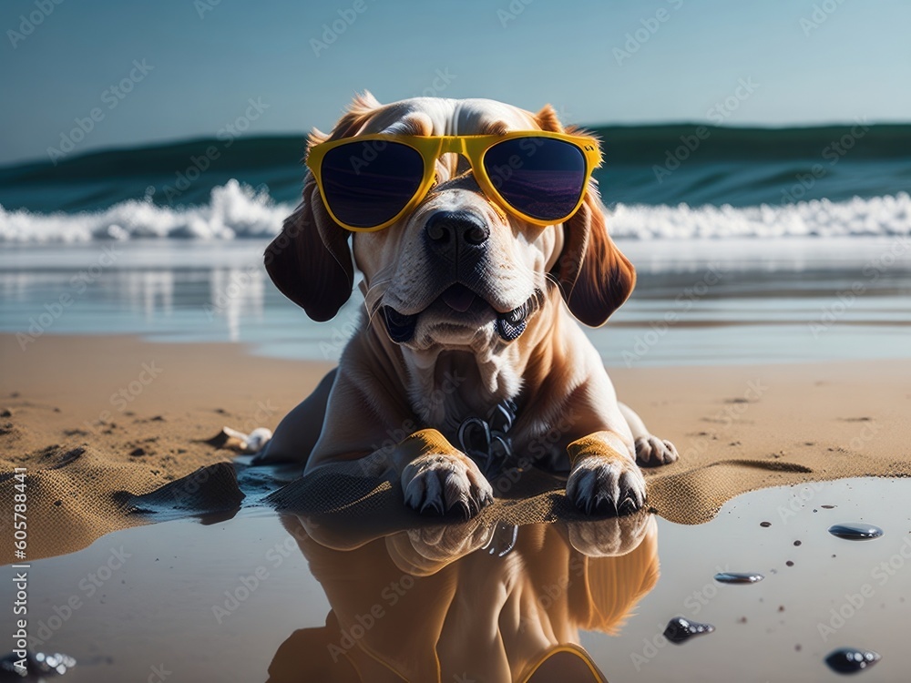dog wearing sun glasses on the beach. ai generative