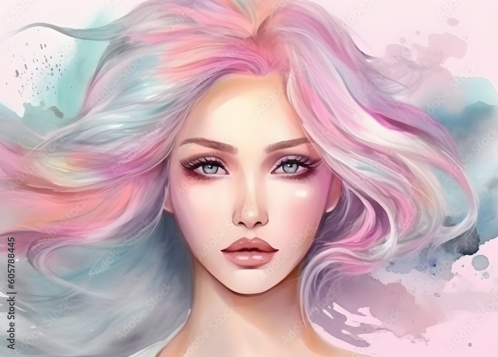 Beautiful Asian woman portrait abstract soft color hairstyle watercolor art banner for beauty salon illustration. Generative Ai
