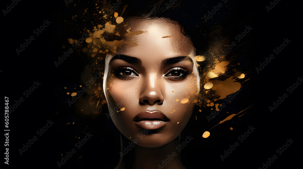 Beauty African young woman face with abstract golden splash on black background watercolor paint illustration. Generative Ai