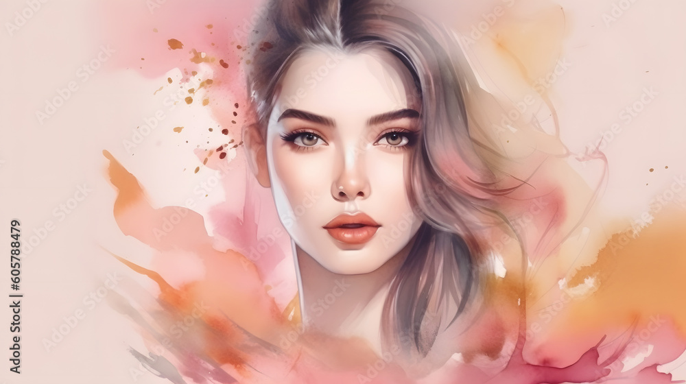 Beauty young woman face with abstract soft color watercolor paint splash art illustration for fashion banner. Generative Ai