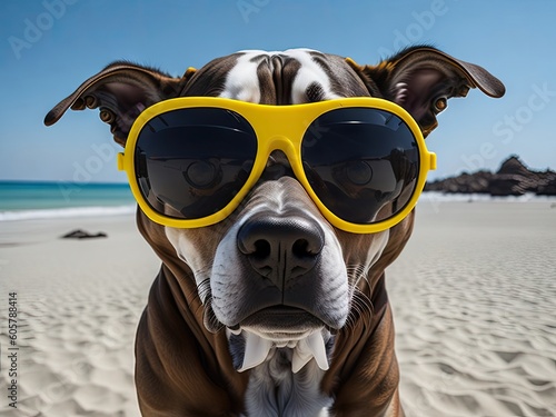 dog wearing sun glasses on the beach. ai generative © Anna