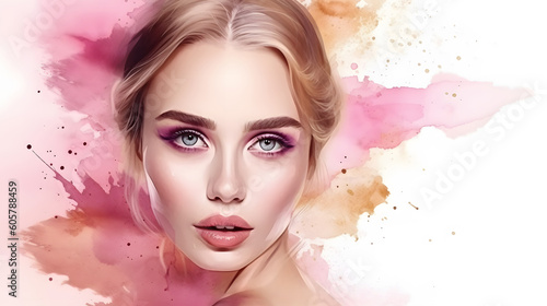 Beautiful young blonde woman face abstract soft pink pastel watercolor splash fashion banner illustration. Generative Ai
