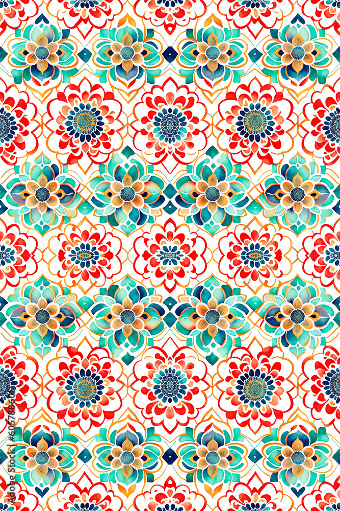 abstract red and green flowers shapes and lines in retro style. Watercolor Pattern endless of linear flowers with shapes abstract for repetitive rapport in white background. Generative AI