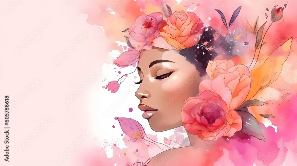 Romantic African woman portrait soft pink blossom flower wreath watercolor painting splash banner illustration. Generative Ai
