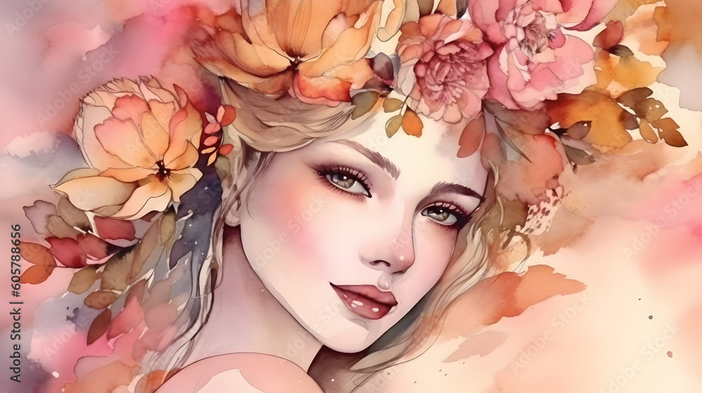 Gentle young woman face in soft pink flowers wreath watercolor pastel art painting illustration for banner. Generative Ai Gentle young woman face in soft pink flowers wreath watercolor pastel art painting illustration for banner. Generative Ai