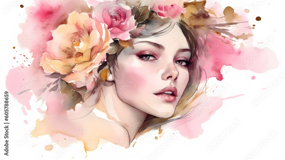 Fototapeta premium Gentle woman face with soft pink beige flowers wreath watercolor painting splash art illustration for banner. Generative Ai