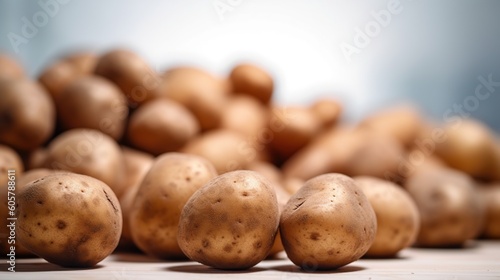 Illustration of organic natural potatoes on blurred background with copy space. Generated with AI.