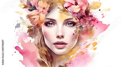 Gentle beautiful woman face with soft pink flowers golden splash fashion banner watercolor illustration. Generative Ai