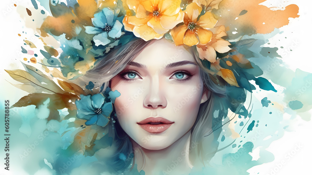 Romantic blonde woman face beige flower and soft green paint splash watercolor art illustration banner. Generative Ai