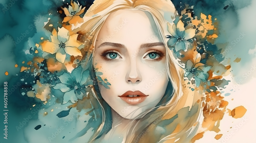 Romantic blonde woman face beige flower and soft green paint splash watercolor art illustration banner. Generative Ai Romantic blonde woman face beige flower and soft green paint splash watercolor art illustration banner. Generative Ai