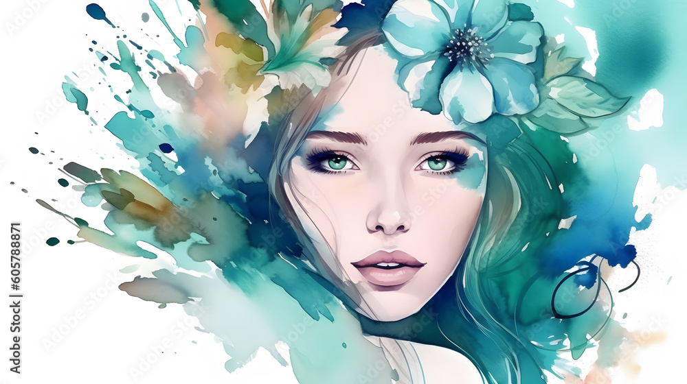 Cute young female beautiful face with blue blossom flowers green watercolor splash art illustration for banner. Generative Ai