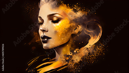 Fairy beautiful woman face with abstract golden splash watercolor paint illustration fashion banner. Generative Ai