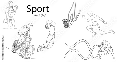 Sport people vector outline collection. Set of different sport activities. Professional athlets doing sport. Basketball, cycling,runner, dumbells, rope and dumbells training vector illustration. photo