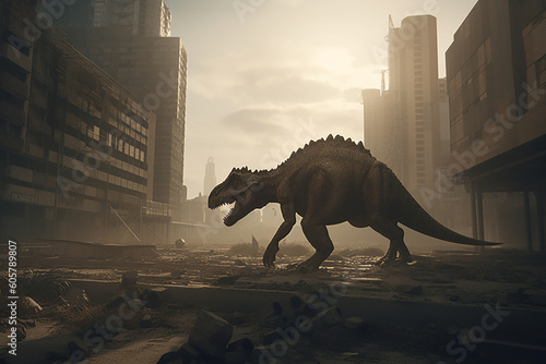 Dinosaur in the city, everyone is in a panic. Generative AL  © Olga