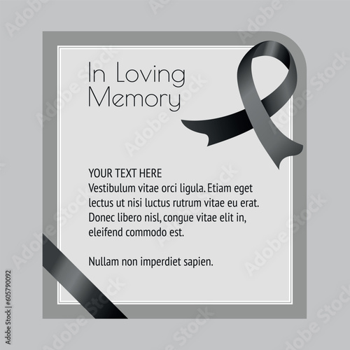 funeral card template with black ribbon over gray background