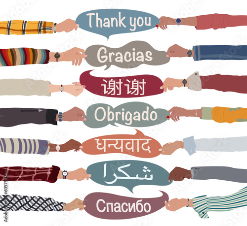 Hand raised of multicultural people from different nations and continents holding speech bubbles with text -thank you- in various international languages.Communication. Diverse culture